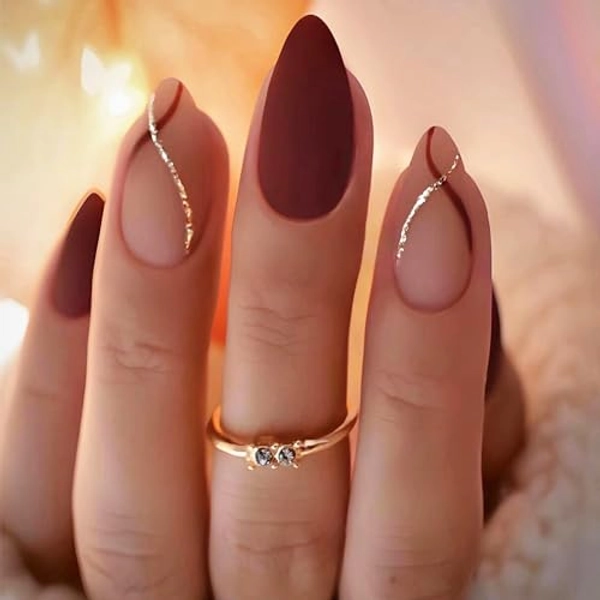 Sparkly Press on Nails with Curve Designs, Matte with Glitter Medium Almond Shape Fake/False Nails Solid Color Full Cover Acrylic Nails X Glue Stick on Artificial Fingernails for Women Girls