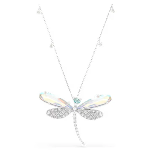 Ariana Grande x Swarovski pendant and brooch, Crystal Pearl, Mixed cuts, Dragonfly, White, Rhodium plated