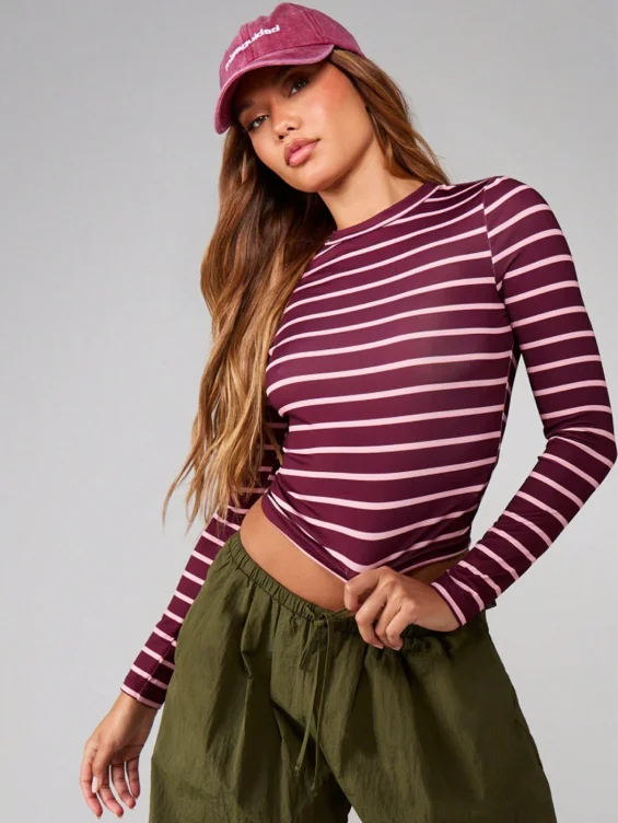MISSGUIDED Striped Long Sleeve Crew Neck T-Shirt