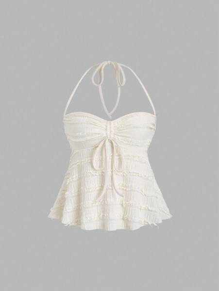 Sweetra Solid Color Drawstring Halter Backless Sexy Summer Tank Top
