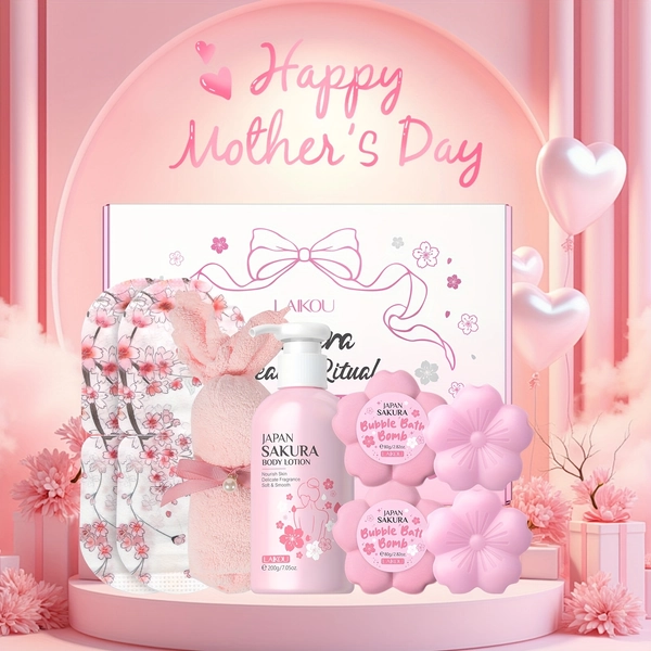8pcs LAIKOU Sakura Facial Skin Gift Set, Body Lotion, Handmade Soap, Bubble Bath Bomb, Steam Eye Mask, Pink Rabbit Towel, for Mother's Day Birthday Gift, Body Care Collection