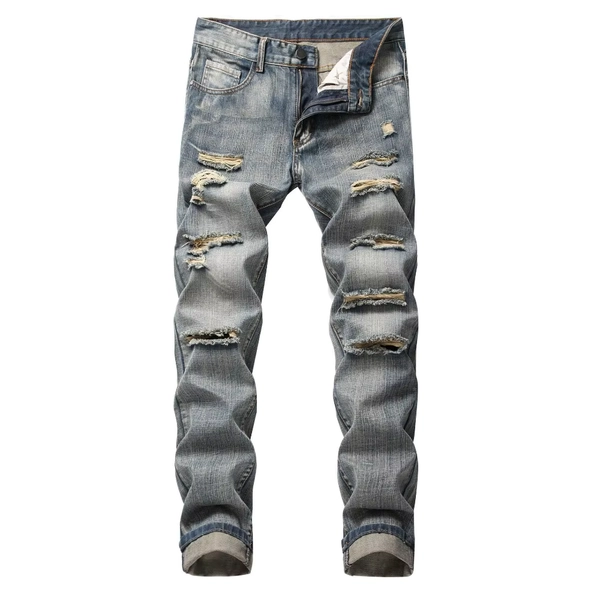 Punk Street Style Ripped Skinny Jeans Men Vintage Wash Solid Denim Trouser Mens Casual Slim Fit Pencil Denim Holes Pants 2024 - AliExpress 200000343