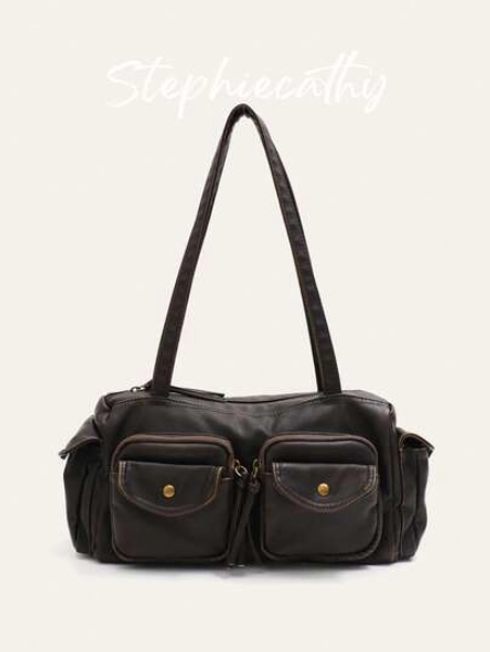 STEPHIECATHY Women's Fashion Street Casual Washed PU Vegan Leather Pillow Bag Zipper Closure Multi Flap Cover Pockets Handbag Large Capacity Top-Handles Shoulder Underarm Bag For Daily Commute College Versatile All Seasons