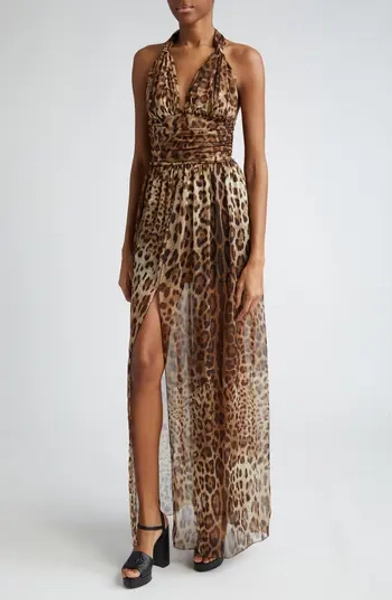 Leopard Print Silk Chiffon Halter Dress