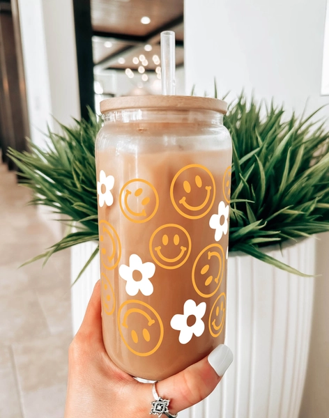 Smiley Daisy Glass Tumbler with Lid & Straw: Iced Coffee Cup, USA Made Mug
