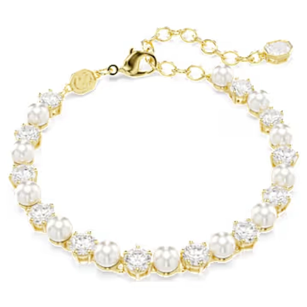 Bracelet Tennis Matrix, Perle de cristal, Taille ronde, Blanc, Placage de ton or