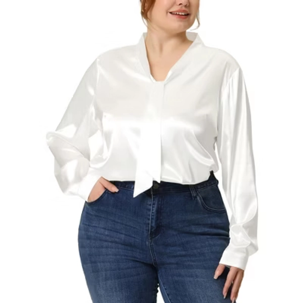 Women's Plus Size Office Formal Long Sleeve Tie Neck Satin Blouses - Agnes Orinda 1X White