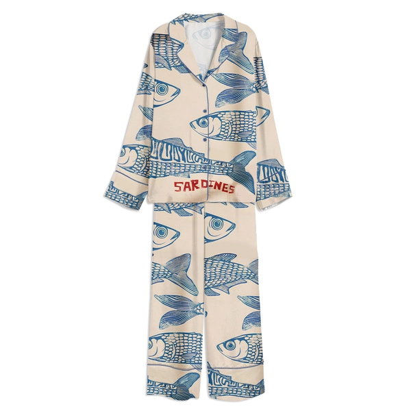 Tokyover Sardine Tin Vintage Unisex Long Sleeve Satin Pajama Set