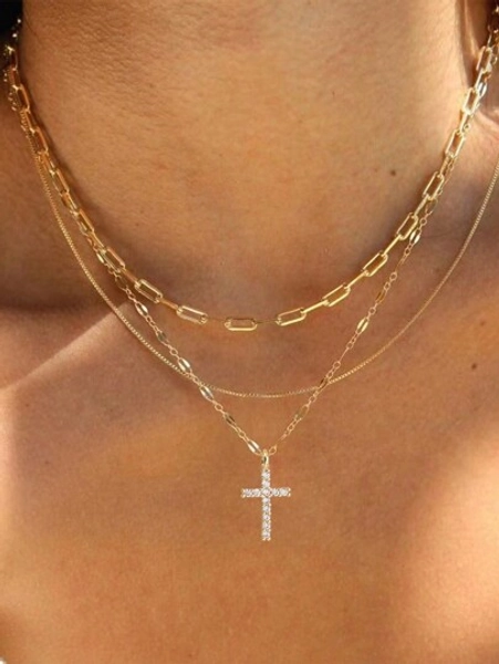 Nooxian 3pcs/Set Unique Layered Necklace Gift Box - Asymmetrical Chain & Bronze Cross Pendant With Sparkling Cubic Zirconia Multi-Layer Necklaces, Great For Women Daily Wear And Gifting