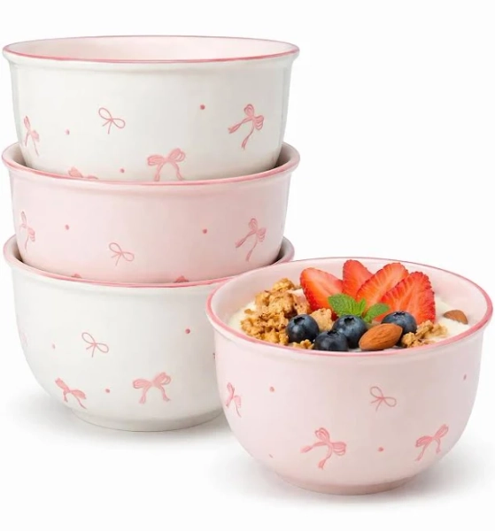 4 Pcs Pink Bow Ceramic Bowls Set 10 oz Cute Serving Bowls