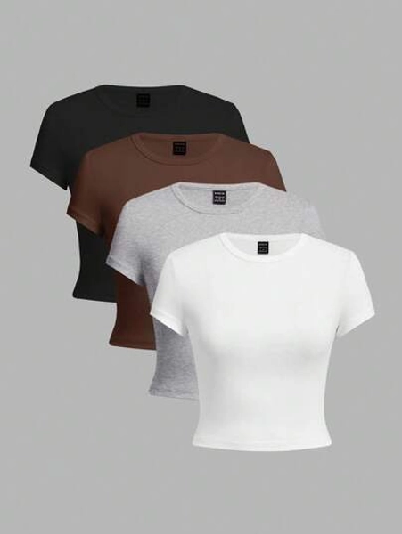 SHEIN EZwear 4pcs/Set Solid Color Cropped Round Neck Short Sleeve Fitted Women T-Shirt, Suitable For Summer