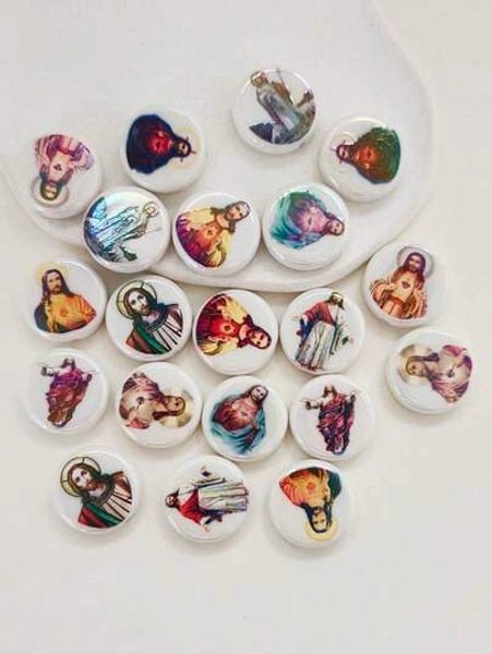 10 piezas de cuentas redondas planas con impresión de doble cara de Jesús, cuentas decorativas para hacer joyas cristianas DIY, accesorios para collares, aretes, llaveros y adornos de bolsos