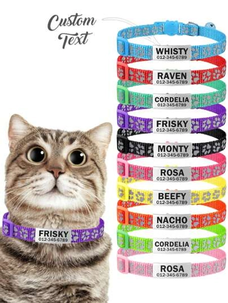 Personalized Cat Collar With Stainless Steel Nameplate, Multi-Color Reflective Paw Print Adjustable Nylon Cat Dog Collar With Bell, Customized ID Tag, Engraved, Ideal Gifts For Pet Lovers, Anniversaries, Night Safety, Gotcha Day Gift, Thoughtful Gift - Size Orange Color