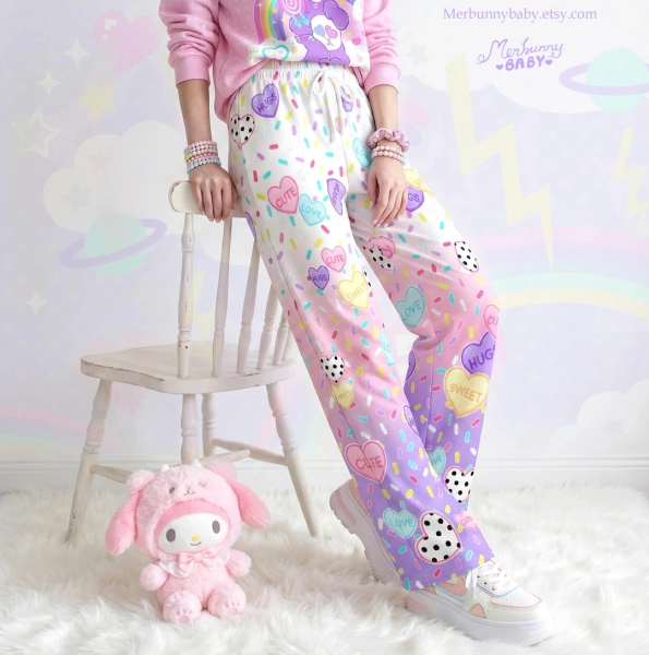 Sweethearts - Unisex Wide-leg Pants - Fairy Kei, Yume Kawaii, Heart Candies, Sprinkles, Colorful Pastel, Cute, Pink Purple Gradient - WP4 - Etsy