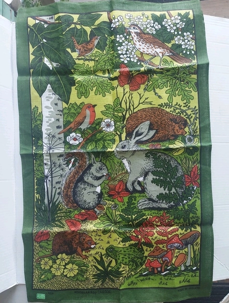 Vintage Tapestry Ulster Tea Towel Wall Hanging Woodland Animals Rabbit Mushrooms