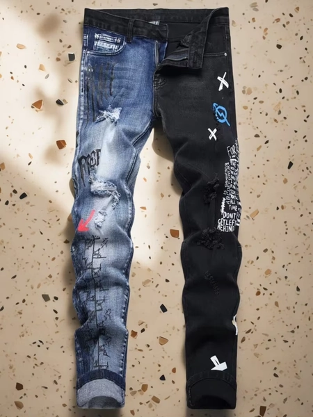Men's Ripped Letter Print Stretch Small Feet Straight Slim Patchwork Jeans Comfortable Skinny Bike Jeans - AliExpress 200000343