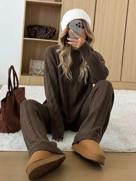 CovetEZ Women's Casual Coffee Brown Round Neck Long Sleeve Sweater And Pants 2 Pieces Set, Winter,Brown Sweater,Cozy Fall And Winter Clothes For Women
