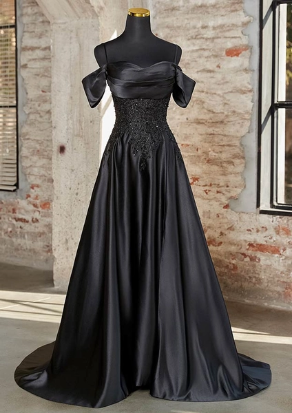 A-line Off-the-Shoulder Short Sleeve Sweep Train Satin Prom Dress with Appliqued Beading Pleated Pockets