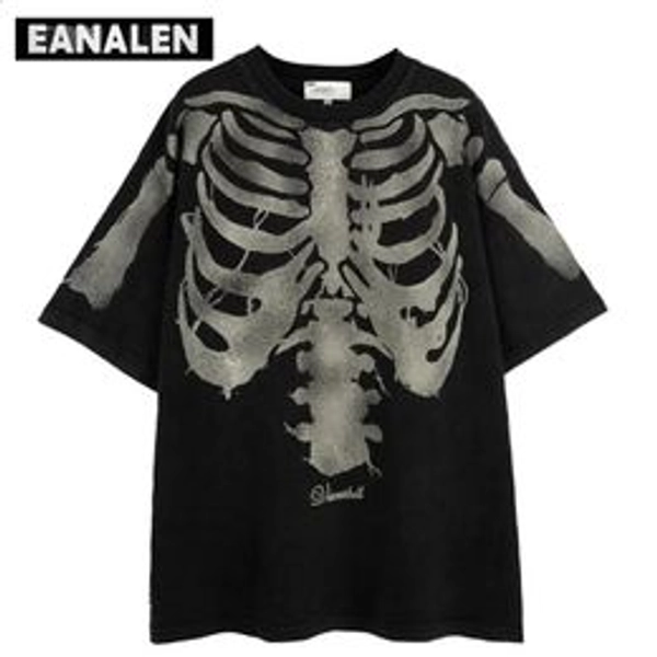 Retro skull graphic T-shirt mens oversized streetwear boyfriend style Gothic Harajuku casual functional T-shirt womens apron240809