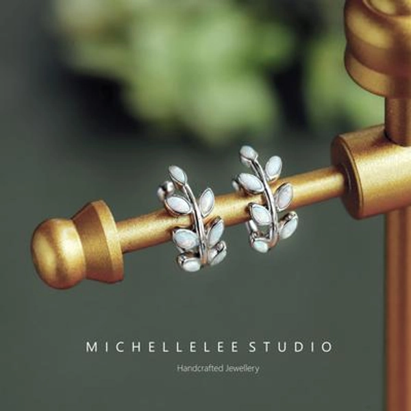 White Opal Leaf Ear Cuff, No Piercing Olive Branch Ear Wrap