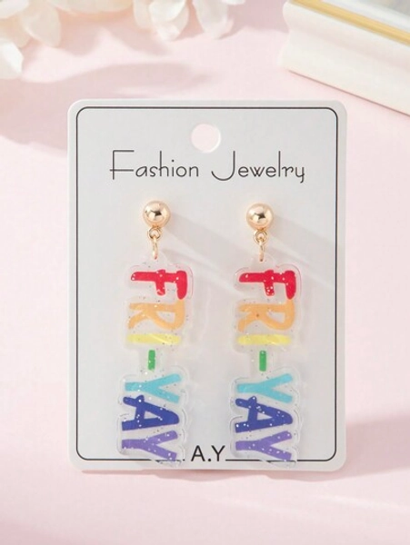 1 Pair Acrylic Happy Friday Colorful Letter Pendant Earrings, Casual Earrings Suitable For Teacher's Day, Back To School Gifts For Teachers And Students