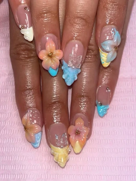 Tropical summer press on nails | 3-D flower design | Colorful floral designs Ombre | Seashell nail set | Handmade beachy press on nails