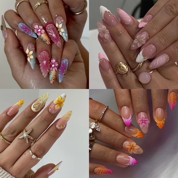 [3D Press-On Nails] 24pcs 3D Press-On Nails | Almond Shape Medium Length with 3D Flowers, Shells, Hearts & Water Droplet Tips - Matte Gel Nail Extensions with U-Shaped Cutouts & Tools - Reusable for Parties, Weddings, Casual - Pastel & Vibrant Colors (Pink, Blue, Yellow, Orange, Purple, White, Golden)