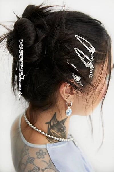 Velvet Luna Star Charms Snap Hair Clips - Set of 3 in Silver, Women's at Urban Outfitters