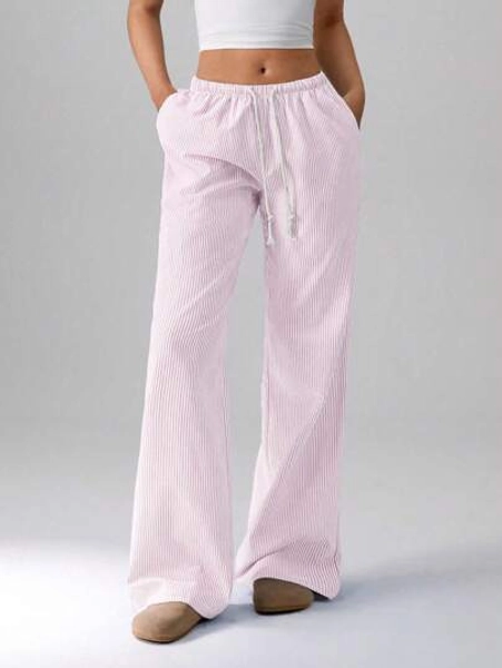 TRNVIE Pink Cotton Low Waist Drawstring Tie Straight Leg Pants, Fashionable Casual Loungewear For Women, Spring Season Fall Cloth For Women