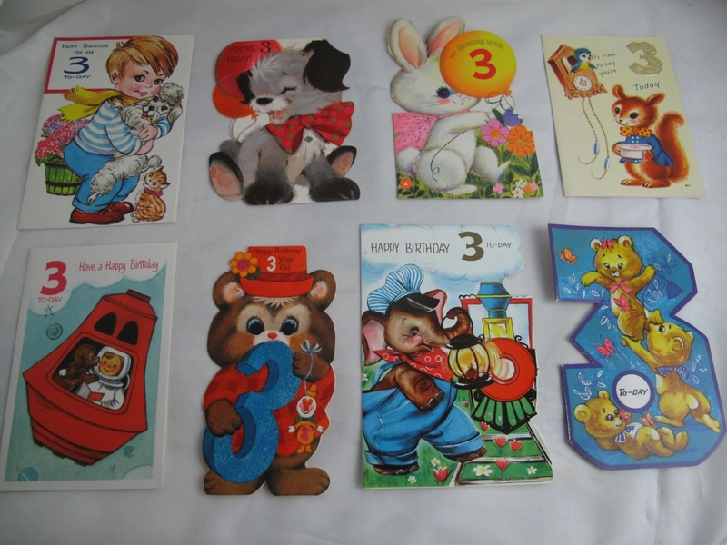 Children's Vintage Birthday Cards 1970s age 3 USED Cards  Props Display