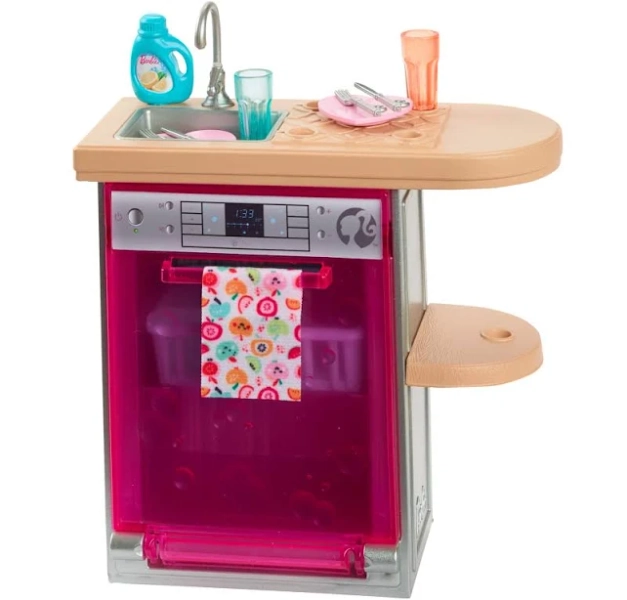 Barbie World Toy Dishwasher Set with 9 Dollhouse Kitchen Accessories Including Plates, Drying Rack, & More [Walmart Exclusive]