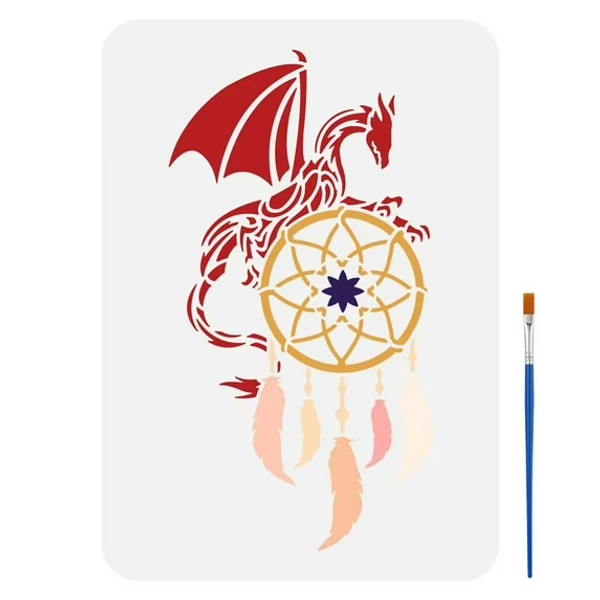1bag Dragon Dream Catcher Painting Stencil with a Art Paint Brush 8.3x11.7 inch Reusable Wing Dragon Drawing Template Dreamcatcher Stencil for Painting on Wood Wall Fabric Furniture