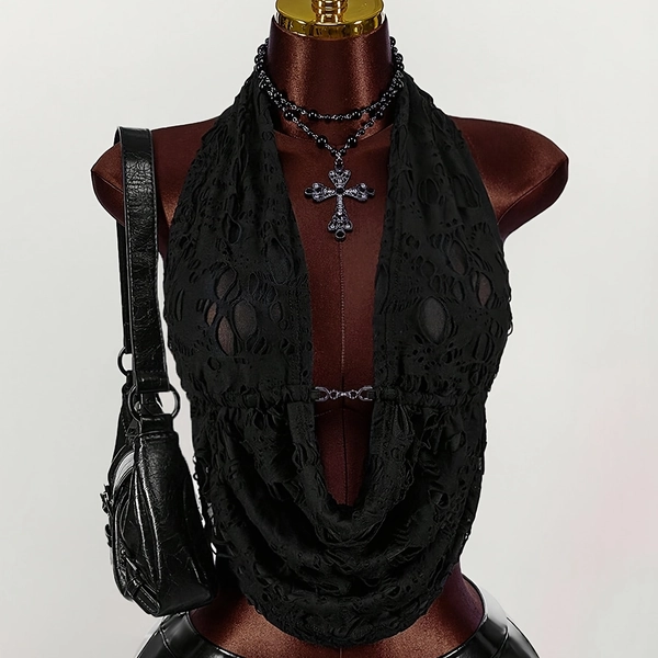 [Chic | Hollow-Out] Chic Hollow-Out Crop Top | Fashionable Dark V-Neck, Halter Neck, Drawstring, Special Texture, Solid Color, Casual Style
