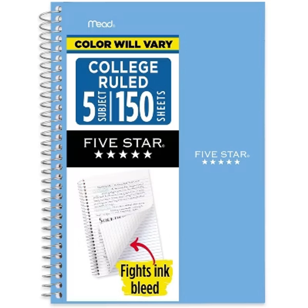 Five Star 150pg 5 Subject College Ruled Notebook 9.5"x6": Spiral, School Supplies, Acid-Free, Water-Resistant, Multicolored