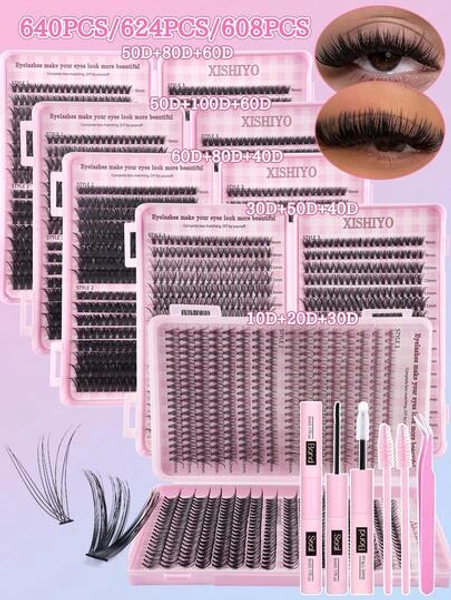 640/624/608PCS Dramatic DD-Curl 8-16MM Mix DIY Lash Extension Kit Set DIY Bottom Lashes Eyelashes Book Big Volume Soft Individual Cluster Lashes Create A Fluffy Natural Wispy Y2k Butterfly Elements Pink Base Card Look At Home Long Lasting DIY Lashes Glue, DIY Lashes Tweezers (Bottom Lashes+10D+20D+30D+40D+50D+60D+80D+100D) Lash Clusters Kit, Lashes, Eyelashes, Fake Lashes