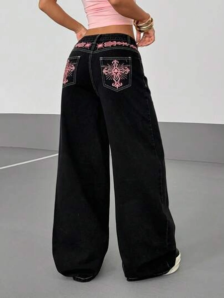 StreetHx Women's Floral Embroidered Elegant Casual Jeans
