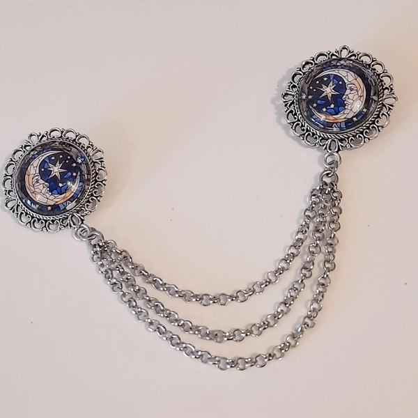 Glass crescent moon collar pin with chain - double brooch - blouse collar accessory - shirt collar chain accessory -  3 chain sweater clip