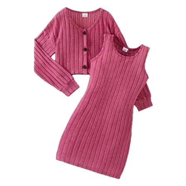 Girls Long Sleeve Ribbed Coat and Dress Set