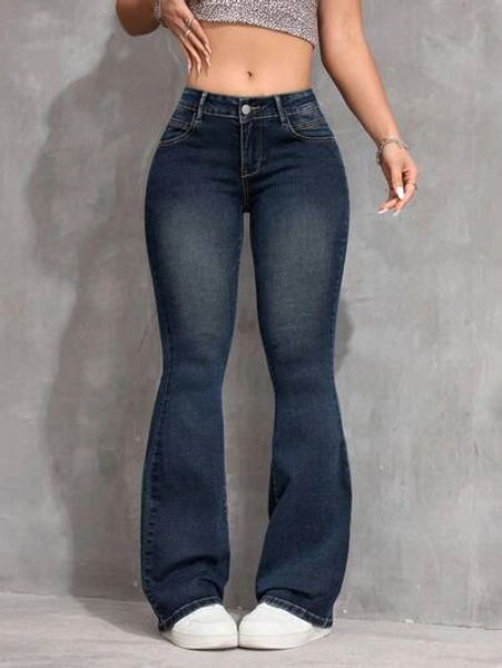 SHEIN ICON Winter Plus Size Women Retro Elastic Fitted Flare Jeans, Versatile Cowgirl Rodeo