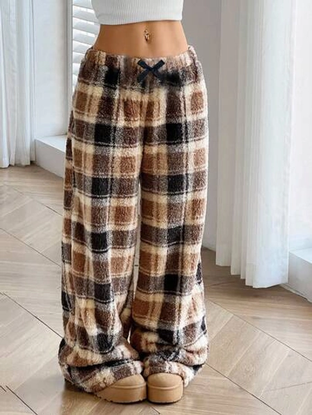 SHEIN Tween Girls' Casual Plaid Bowknot Front Fleece Pants Fall Winter