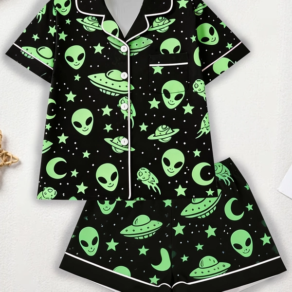 2pcs Alien UFO Print Pajama Set for Women, Cardigan with Short Sleeves and Shorts, Can Be Worn as Outerwear, Casual Loungewear Set