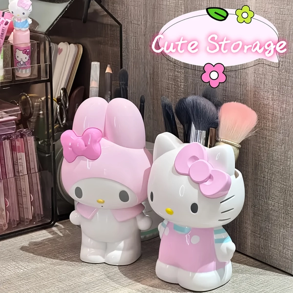 Sanrio Hello Kitty & Melody Makeup Brush Organizer and Desk Organizer - Cute Pastel Pink Storage with Bunny Ears, Large Brush Holder for Girls, Birthday/Valentine's Gift for Sanrio Fans (Durable Plastic)