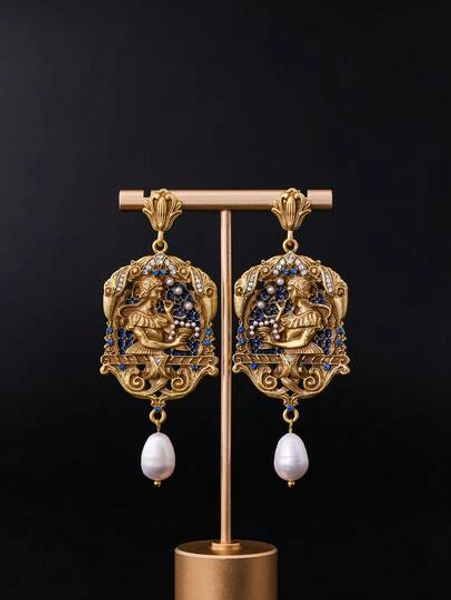 2pcs Vintage Elegant Pearl Pendant Earrings | 3D Portrait Earrings, Suitable For Women's Daily And Evening Wear