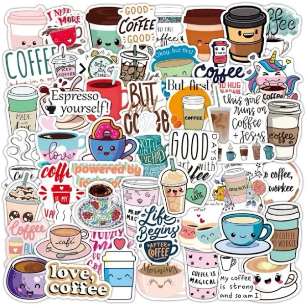 50pcs Cartoon Coffee Stickers Espresso Latte Mocha Lovely Cute Sticker DIY Laptop Vinyl Decals for