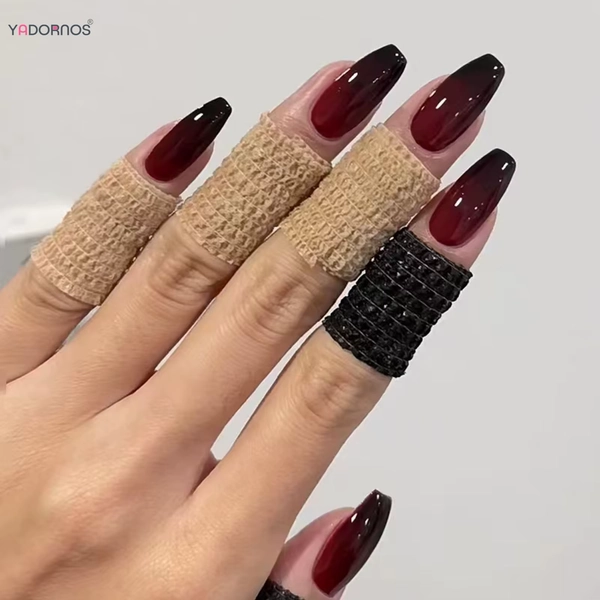 Red Black Gradient Press On Nails 24Pcs Coffin Fake Nails