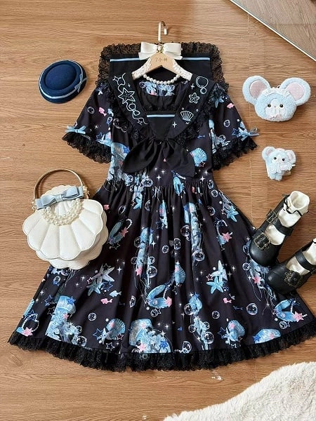 [£42.58]Black & Blue Jellyfish and Shell Print Sailor Lolita Dress with Lace Details