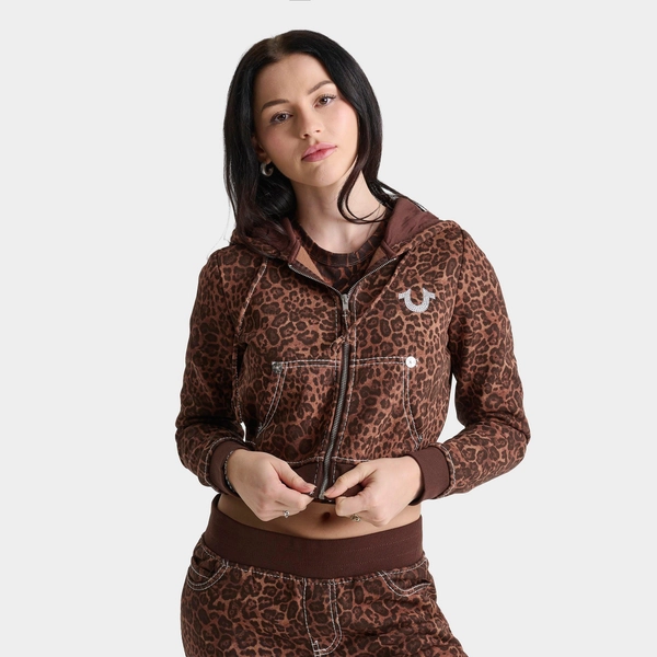 Women's True Religion Leopard Crystal Shrunken Big T Full-Zip Cropped Hoodie - Size XS
