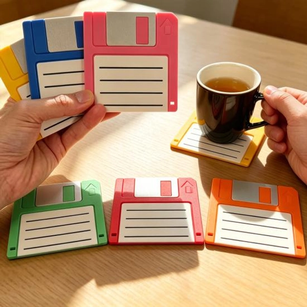 Retro Tech Floppy Disk Onderzetter met Houder 3D Geprint Kaartstijl Drankonderzetters voor Bureau Thuis Hittebestendig Uniek Cadeau voor Tech Liefhebbers & Gamers