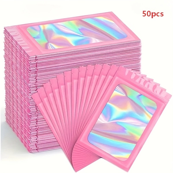 50 stuks Verdikte Gekleurde Holografische Laser Zelfsluitende Zakken, Roze Herbruikbare Transparante Zakken met Venster en Ritssluiting, Nagelgereedschap, Sieraden, Cosmetica en Antioxidant Draagbare Opbergzakken, Sieraden Opbergen, Reis Organizer