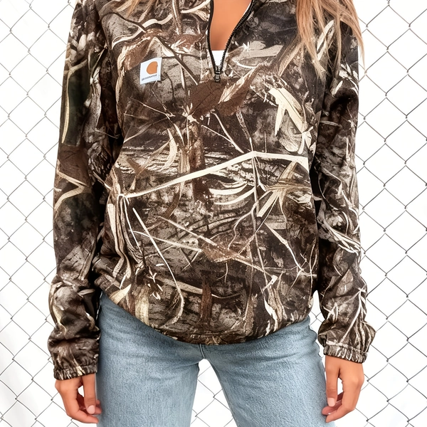 Women's Clothing - Fully Printed Camouflage, Half-neck Zipper Pullover Hoodie, Casual And Fashionable Lightweight Pullover Sports Shirt, Suitable for Daily Leisure Wear